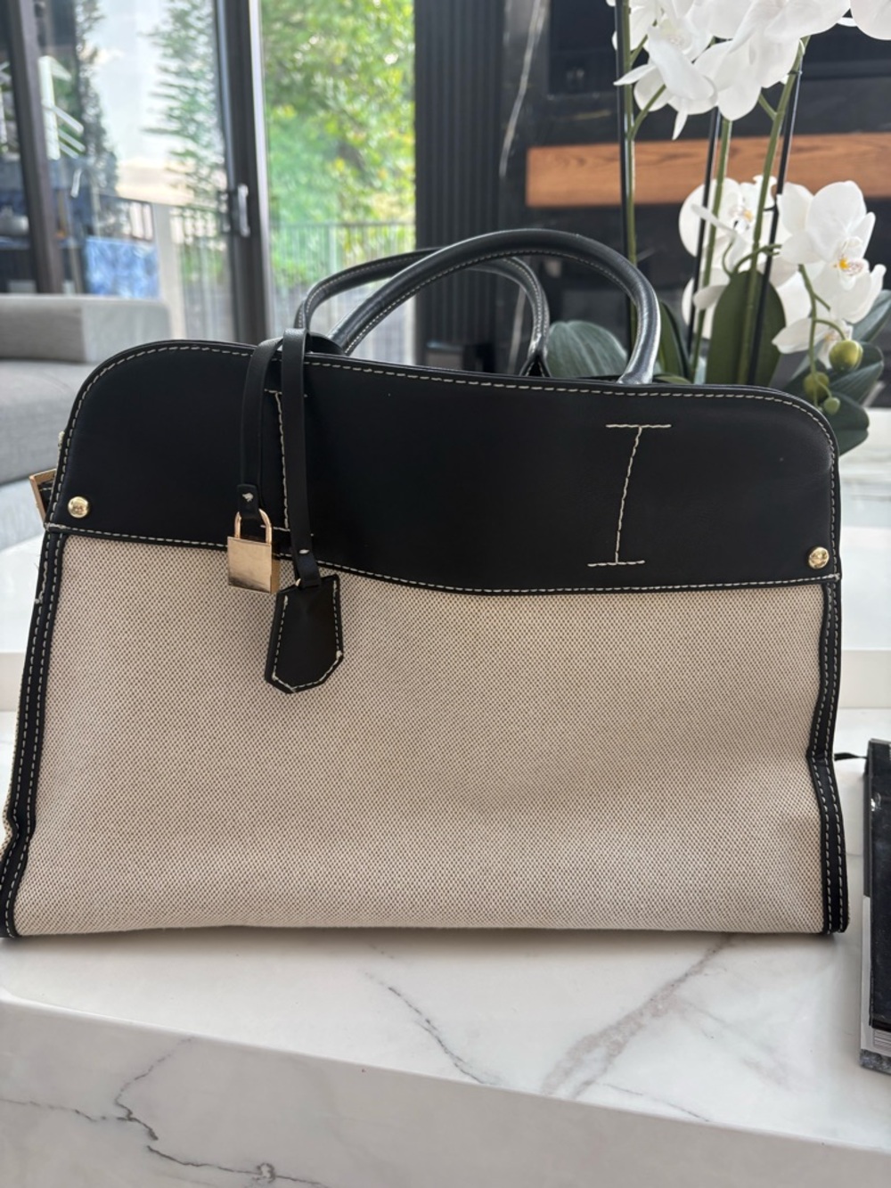 Black and Beige Structured Tote Bag with Top Handles(AldoBrand)